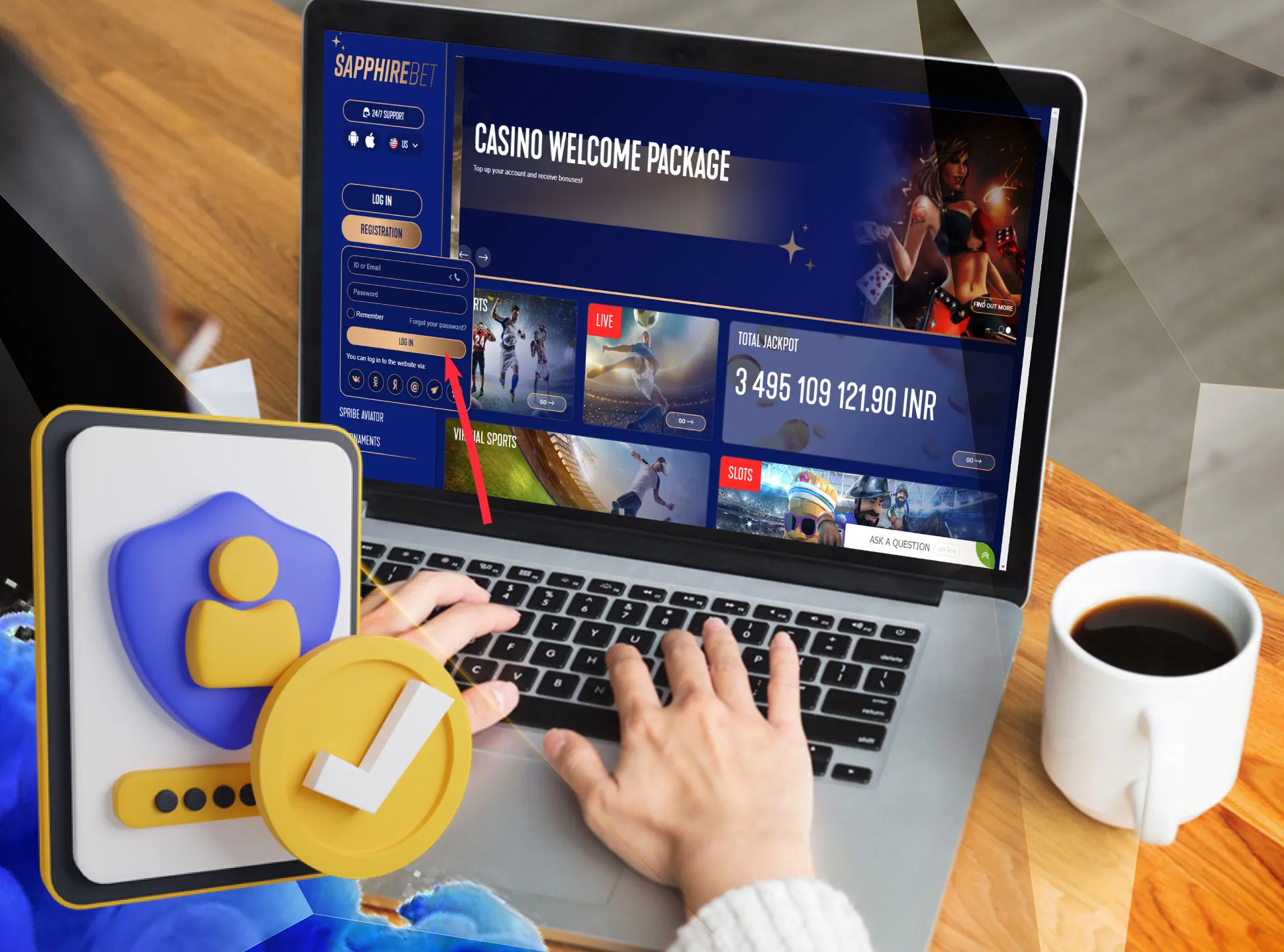 Log in to your Sapphirebet account with a username and a password.