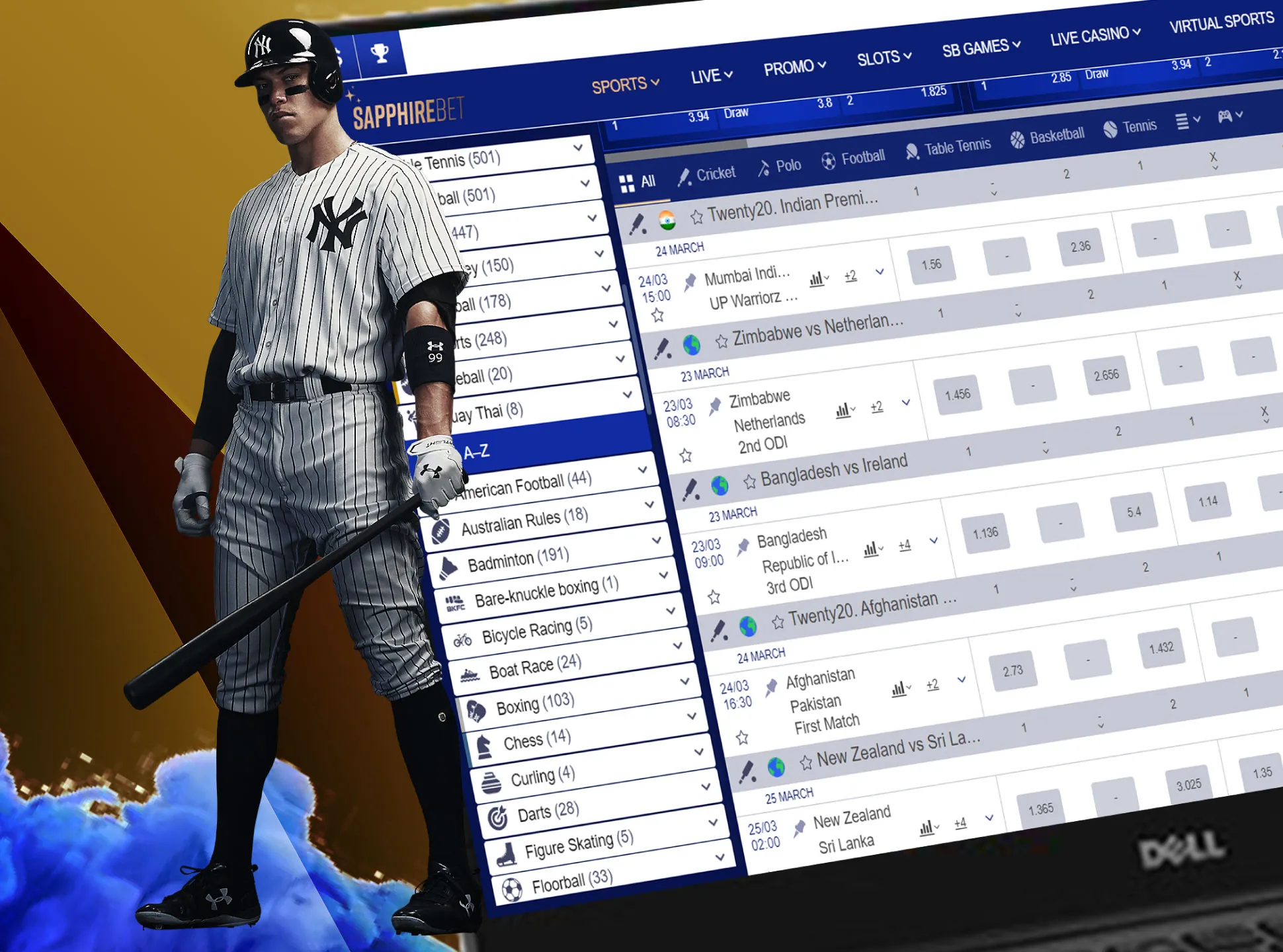 Choose a baseball team and specify the amount of money you want to bet on it on Sapphirebet.