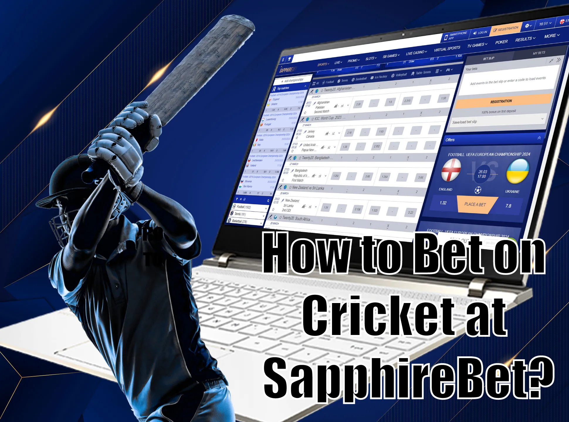 To bet on cricket, you should register, deposit your account and choose a cricket match.