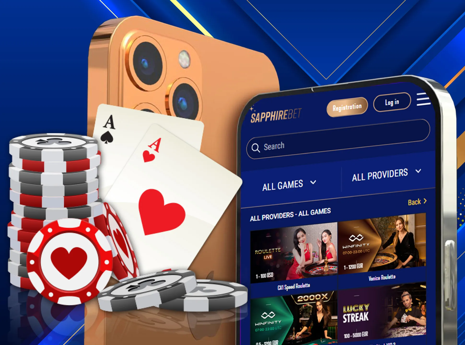 Play all the popular casino games, such as slots, poker, roulette and other in the Sapphirebet app.