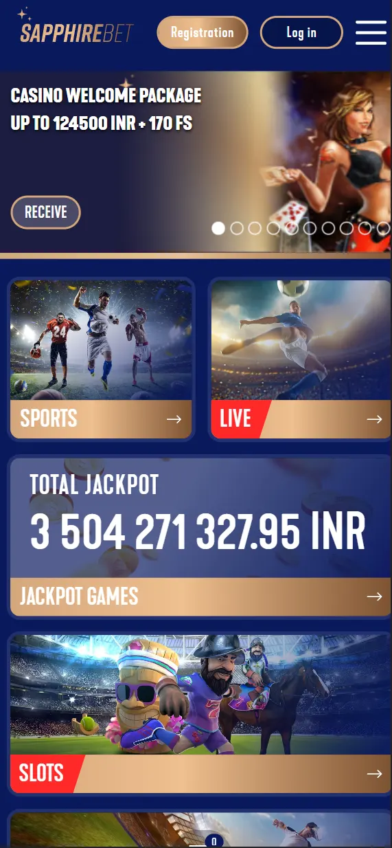 Sapphirebet app main screen.