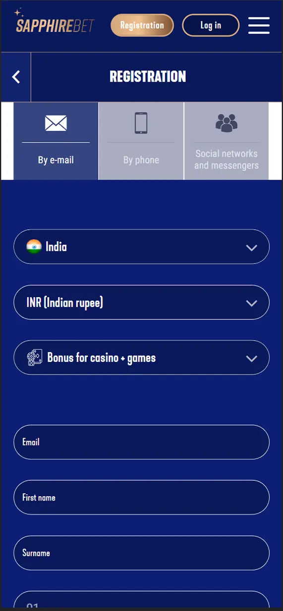 Sapphirebet app registration form.