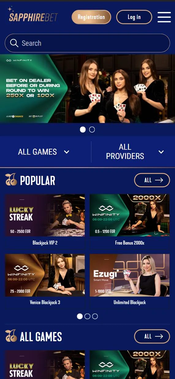 Sapphirebet app online casino section.