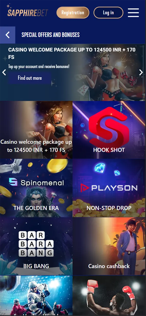 Sapphirebet app bonuses and promotions page.