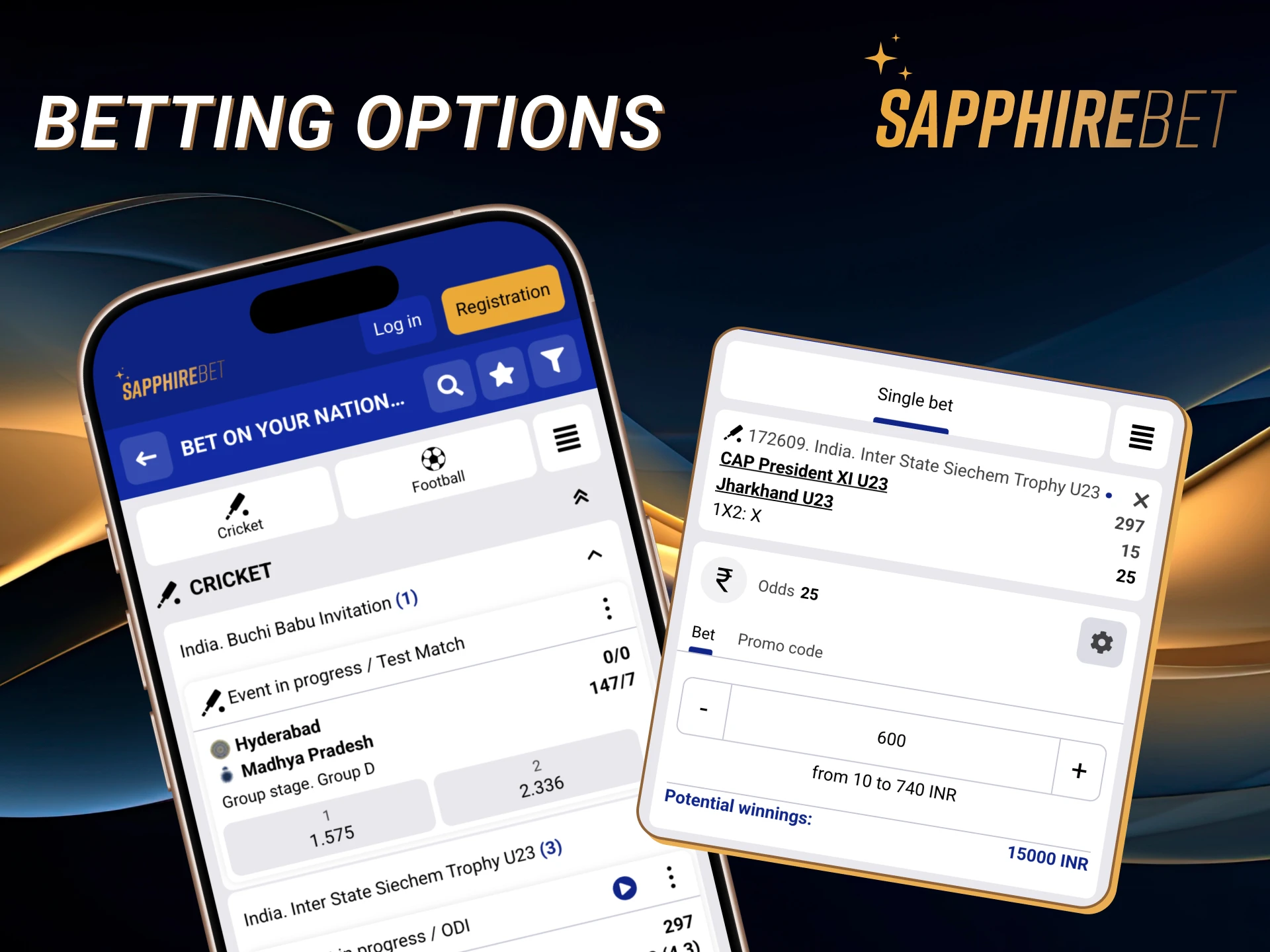 You can place bet before and during the match in the Sapphirebet app.