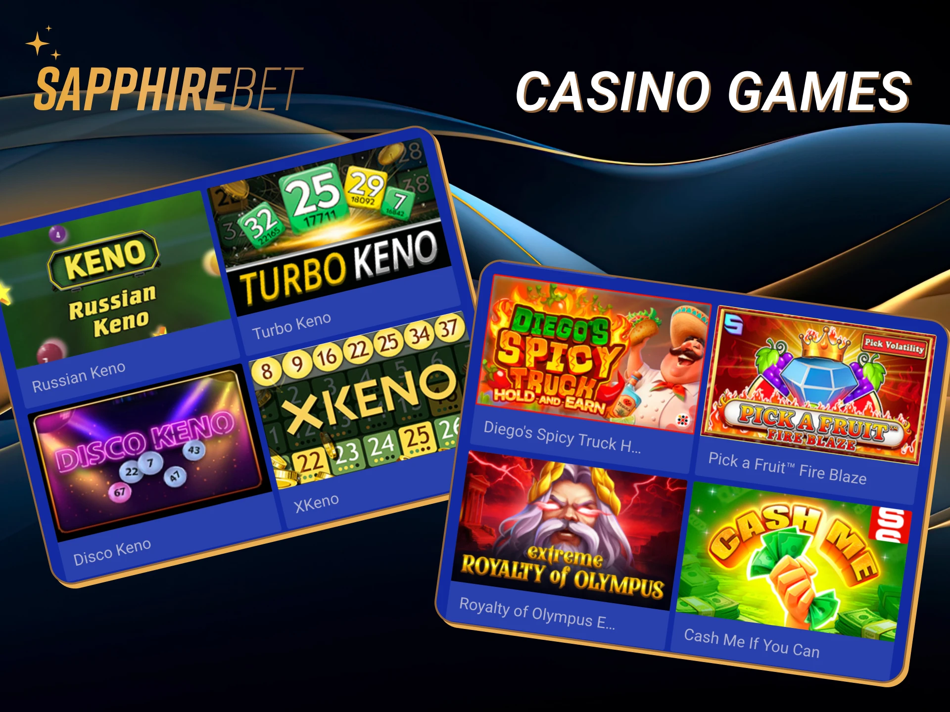 Play all the popular casino games, such as slots, poker, roulette and other in the Sapphirebet app.