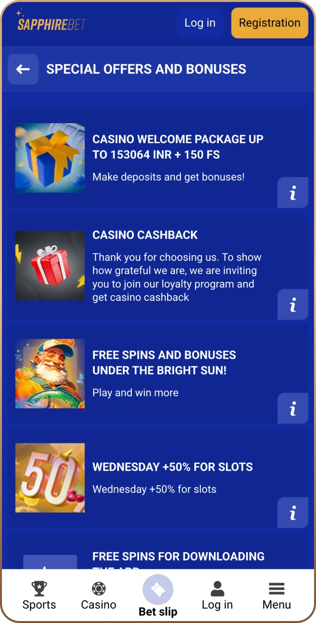 Sapphirebet app bonuses and promotions page.