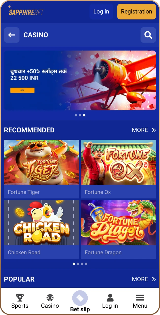 Sapphirebet app online casino section.