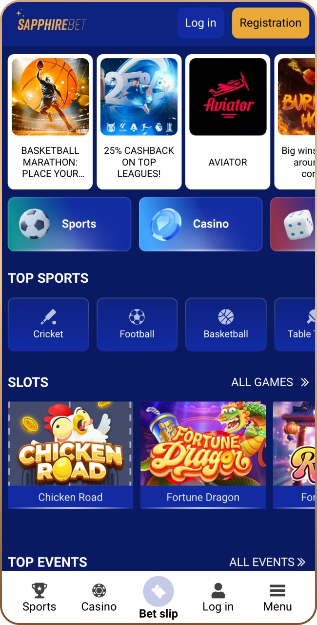 Sapphirebet app main screen.