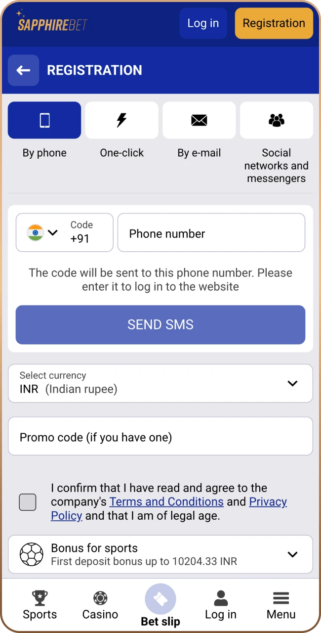 Sapphirebet app registration form.