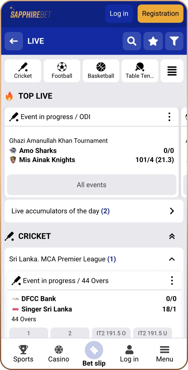Sapphirebet app sports bettin section.