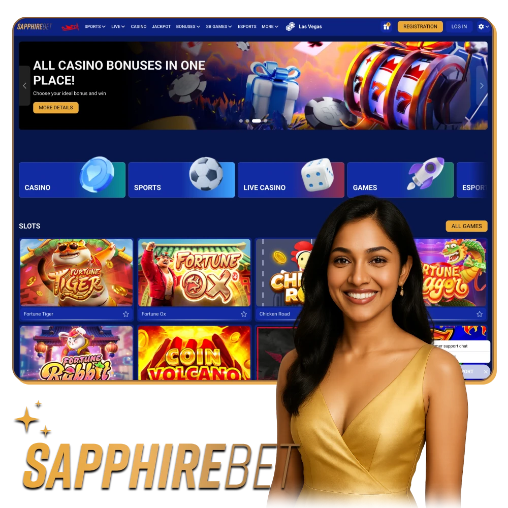 Sapphirebet offers lots of sports events to bet on and hunfreds of online casino game to play online from India.