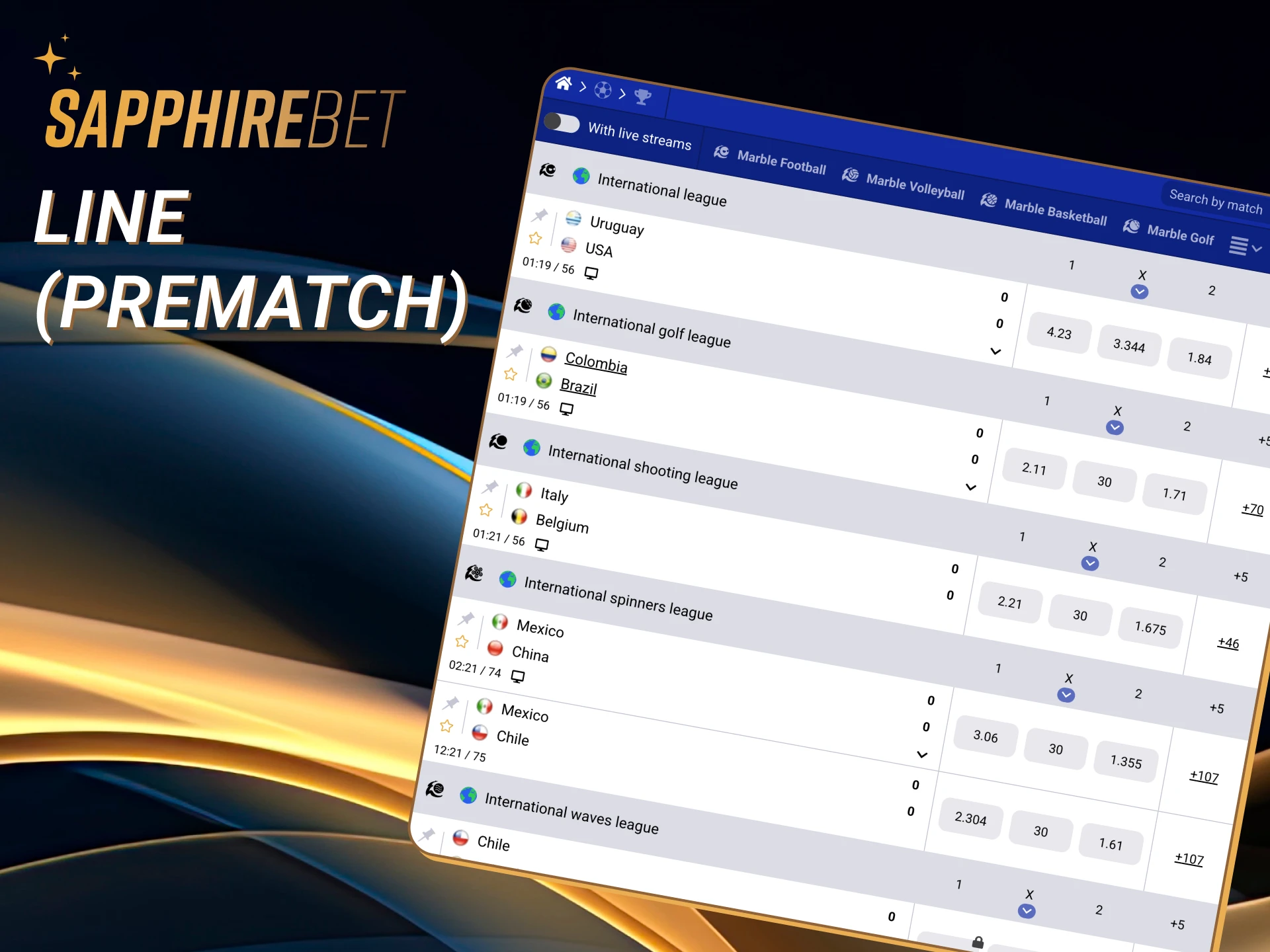 Explore pre match lines at SapphireBet.