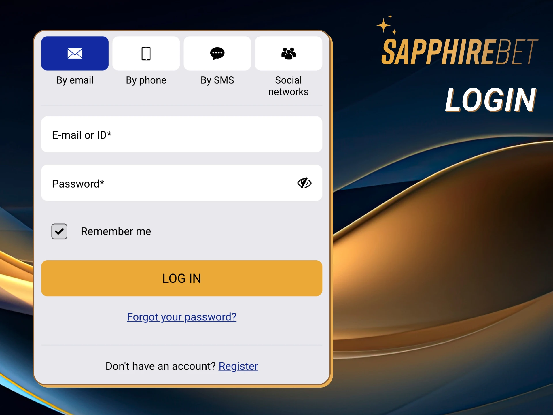 Log in to your Sapphirebet account with a username and a password.
