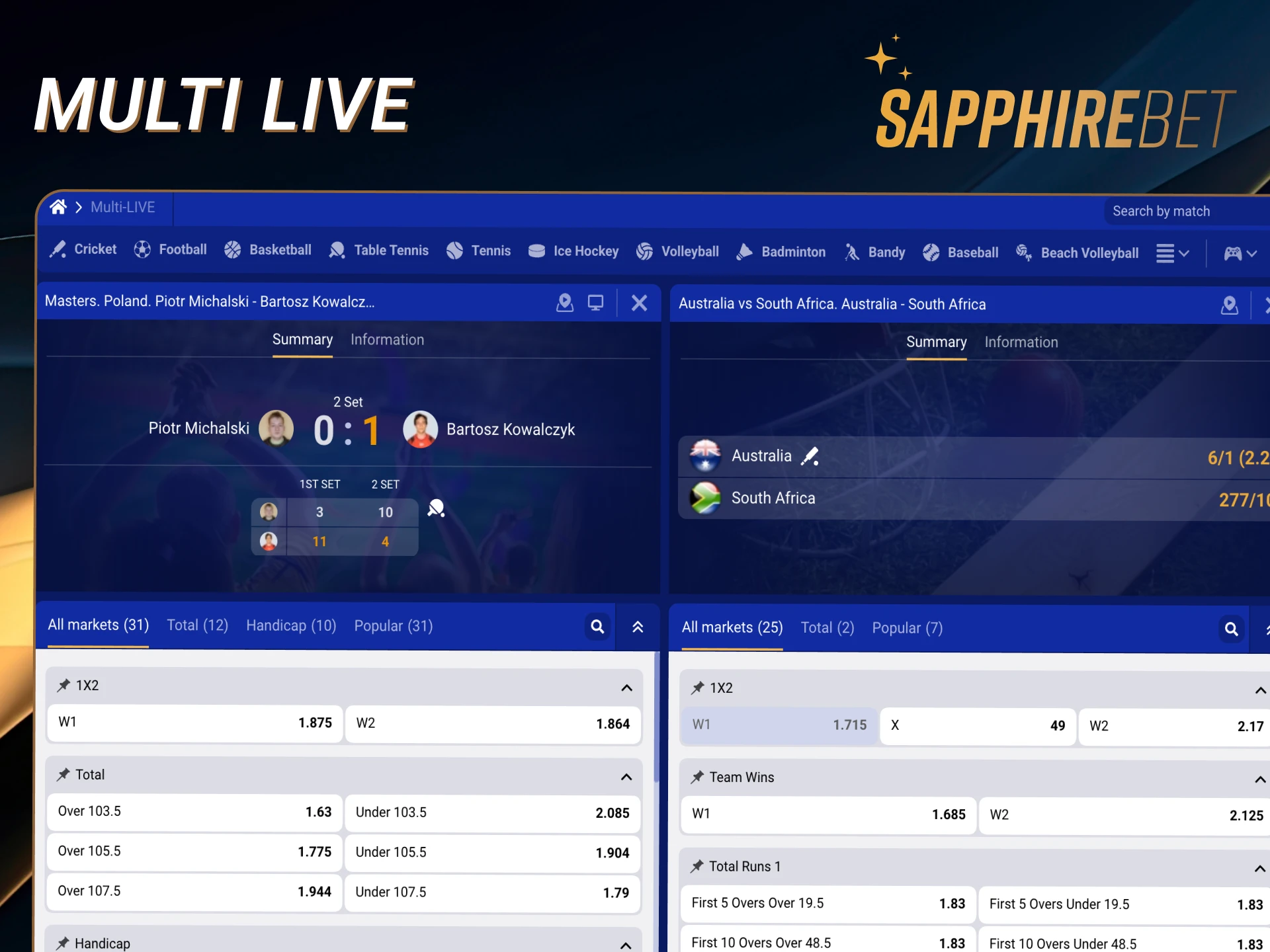Multi live feature allows you betting on several macthes simultaniously.