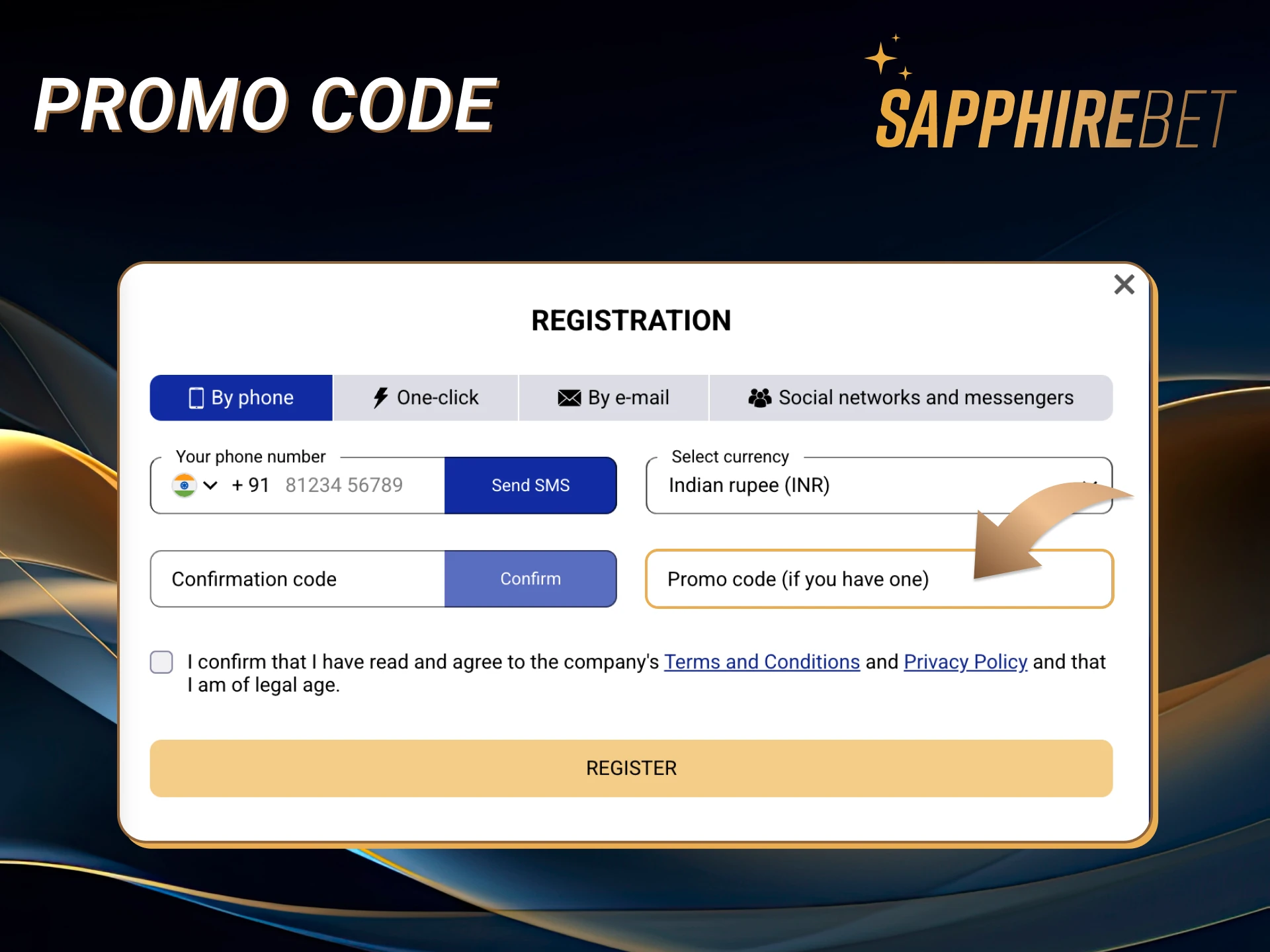 Enter the promo code to get additional bonuses from Sapphirebet.