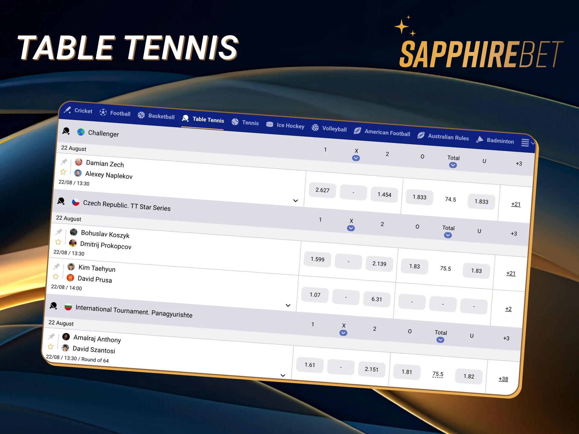 Place a bet on the win of your favorite table tennis player.
